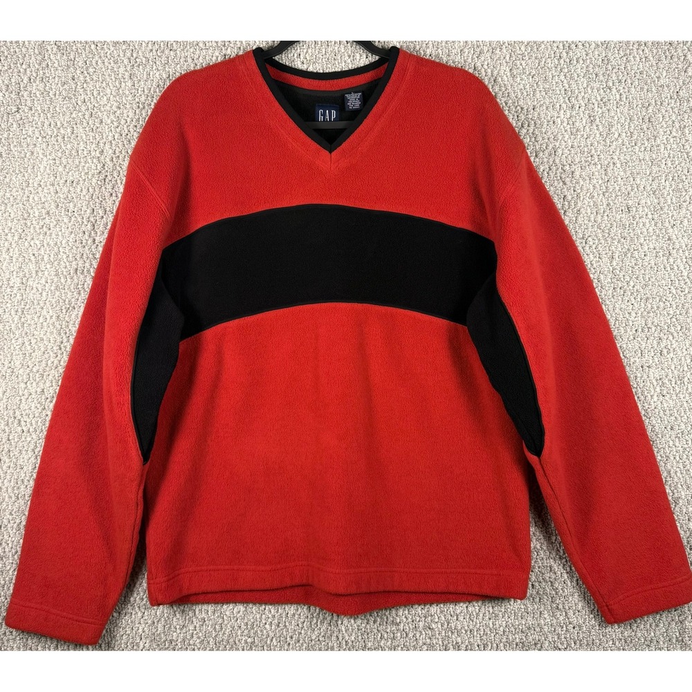 Gap Vintage Fleece Pullover Sweater Large Red Black Colorblock V-Neck Y2K 9/00